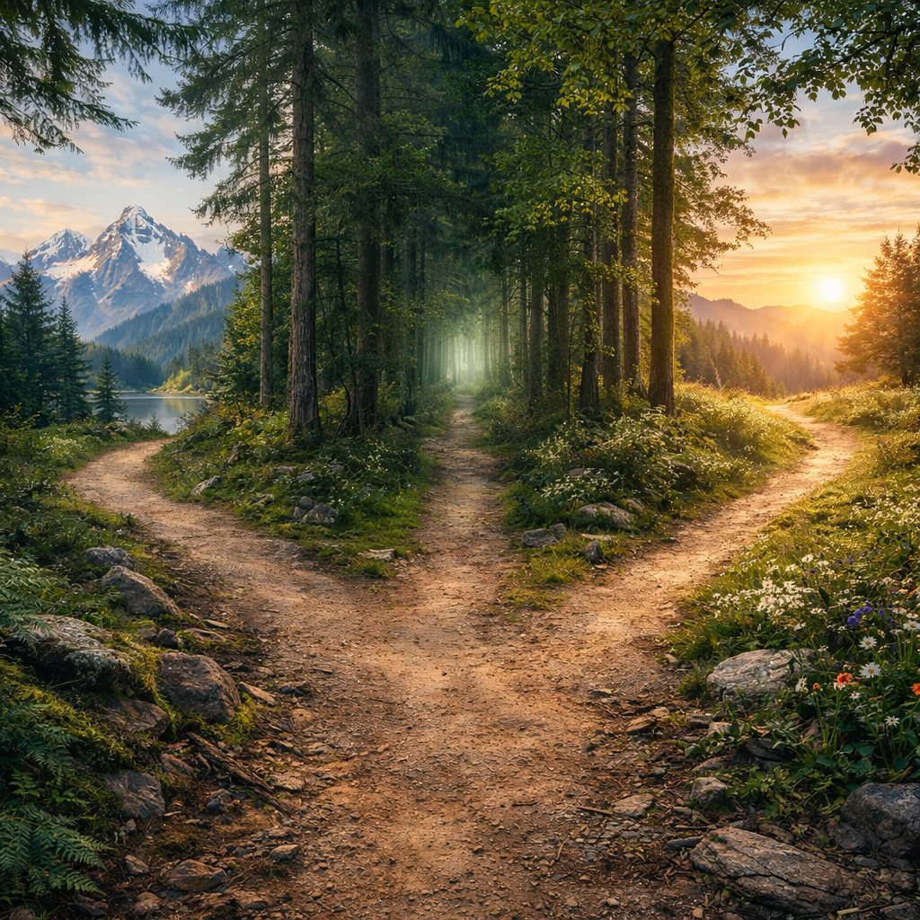 Three forest trail paths marked Mountain Trail, Mystic Path, and Sunlit Path with a stone arch on Mystic Path